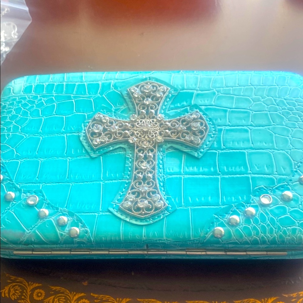 Turquoise Croc-Embossed Wallet with Silver Cross beautiful large wallet. Unique.